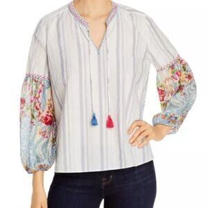 Johnny Was 3J Workshop Effortless Peasant Blouse Tassel Stripe Floral